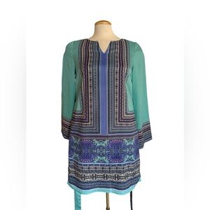 The Limited Teal & Blue Printed Long Sleeve Belted Dress